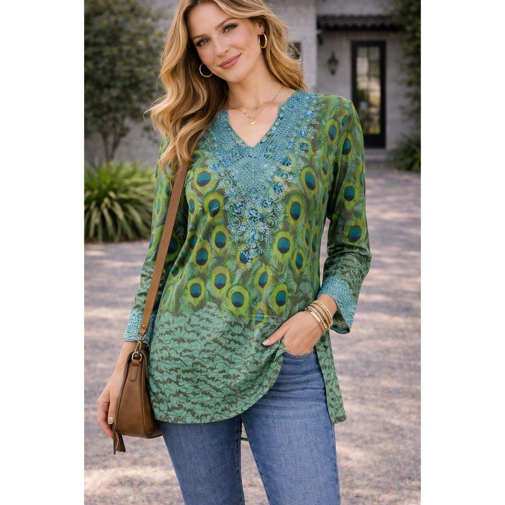 Sol Peacock Tunic Top L Embroidered Boho Cotton Resort Blouse - Picture 2 of 6